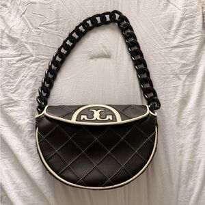 Tory Burch Black Quilted Half-Moon Shoulder Bag with Cream Trim